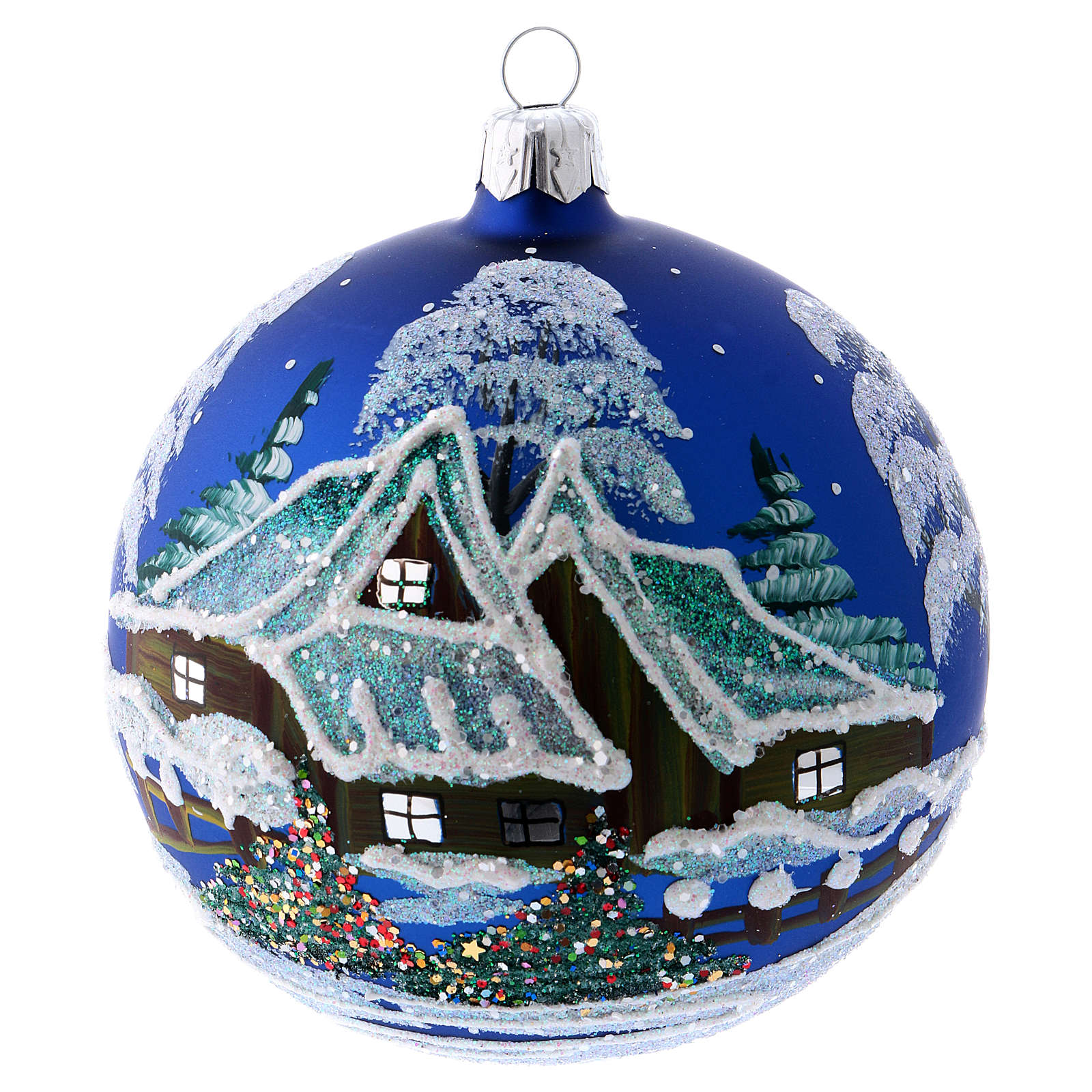 Décor Noël boule sapin bleu paysage neige 100 mm | vente en ligne sur