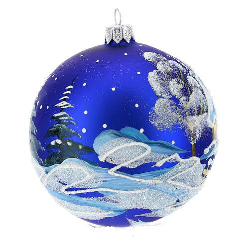 Décor Noël boule sapin bleu paysage neige 100 mm 4