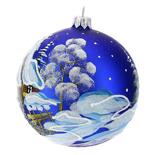 Addobbo Natale pallina blu paesaggio neve 100 mm 3