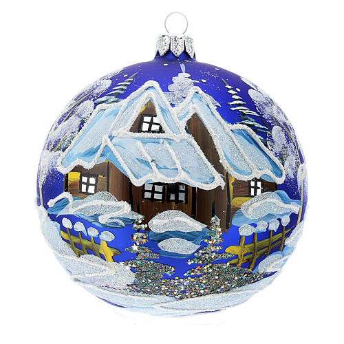 Enfeite Natal bola azul paisagem neve 100 mm 1