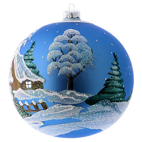 Décor Noël boule sapin bleu avec paysage neige 150 mm