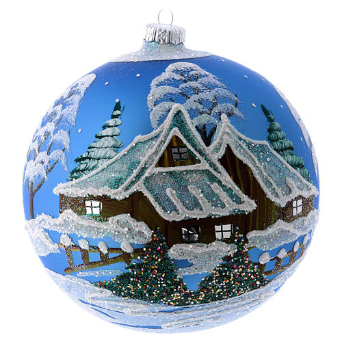 Décor Noël boule sapin bleu avec paysage neige 150 mm 1