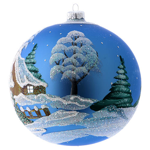 Décor Noël boule sapin bleu avec paysage neige 150 mm 2