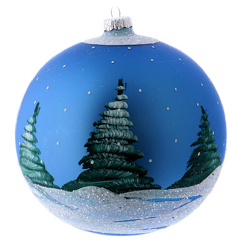 Décor Noël boule sapin bleu avec paysage neige 150 mm 3