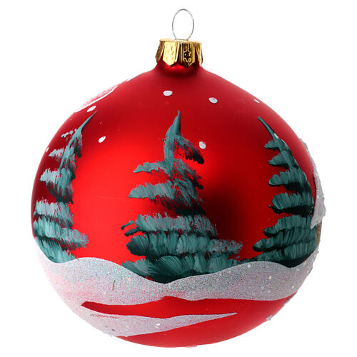 Christmas bauble in red glass with houses and trees 100mm 5