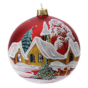 Boule Noël verre rouge maisons et arbres 100 mm
