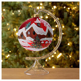 Boule Noël verre rouge maisons et arbres 100 mm