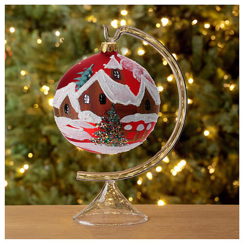 Boule Noël verre rouge maisons et arbres 100 mm 2