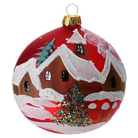 Christmas bauble in red glass with houses and trees 100mm