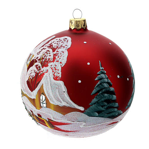 Christmas bauble in red glass with houses and trees 100mm 2