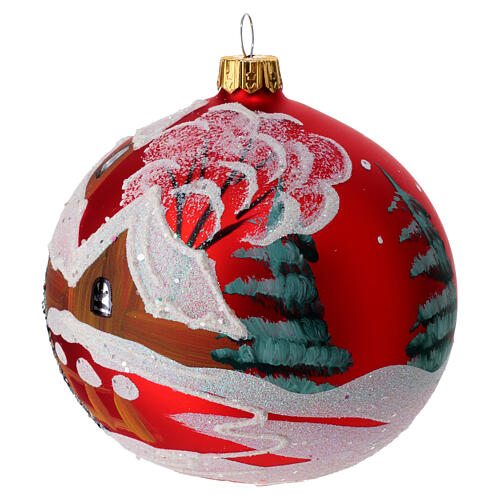 Christmas bauble in red glass with houses and trees 100mm 3