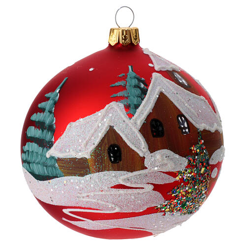 Christmas bauble in red glass with houses and trees 100mm 4