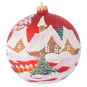 Boule Noël verre rouge maisons et arbres 150 mm