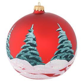 Christmas bauble in red glass with houses and trees 150mm