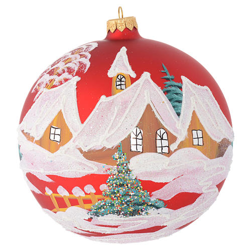 Christmas bauble in red glass with houses and trees 150mm 1