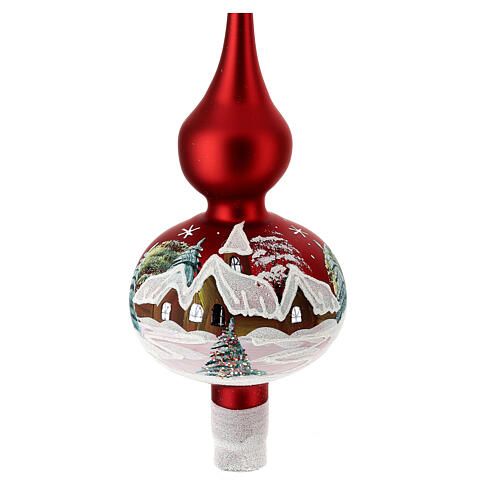 Christmas tree topper in red glass with houses and trees 4