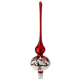 Christmas tree topper in red glass with houses and trees
