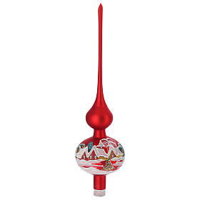 Christmas tree topper in red glass with houses and trees