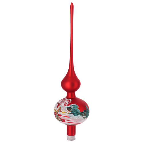 Christmas tree topper in red glass with houses and trees 3