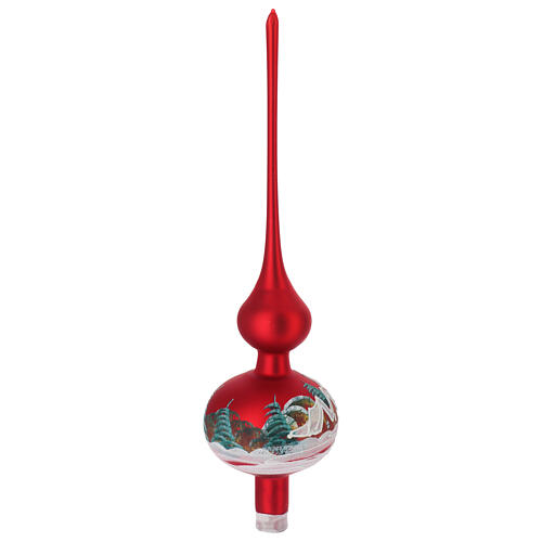 Christmas tree topper in red glass with houses and trees 4