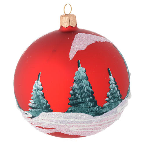 Christmas bauble in red blown glass with houses 100mm 2