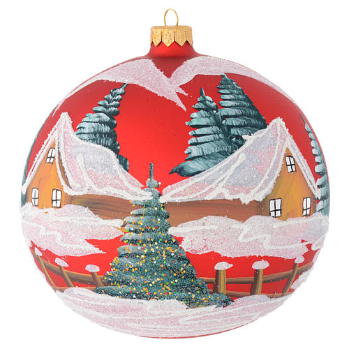 Christmas bauble in red blown glass with houses 150mm 1