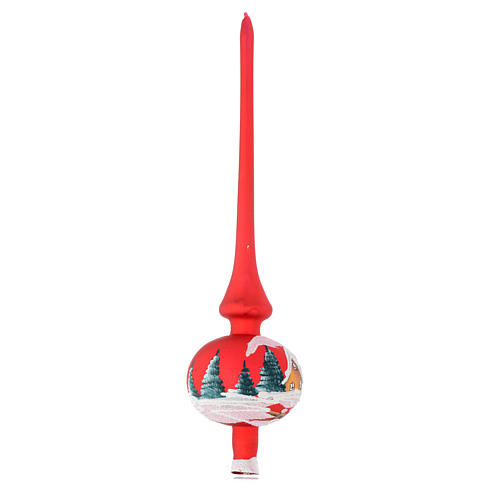 Christmas tree topper in red glass with houses 2