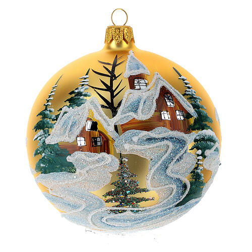 Christmas bauble in golden blown glass with houses 100mm 1