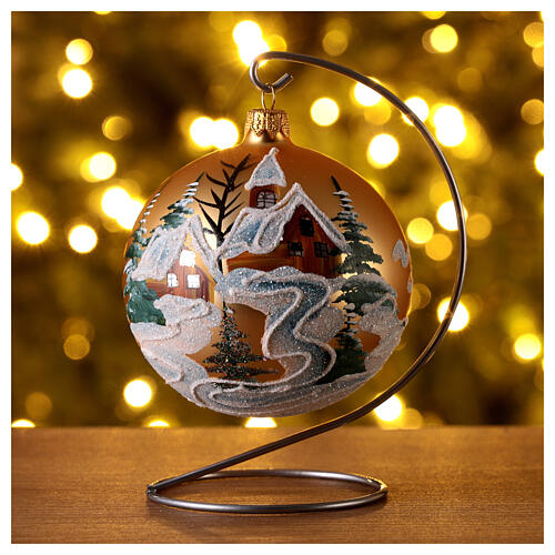 Christmas bauble in golden blown glass with houses 100mm 2