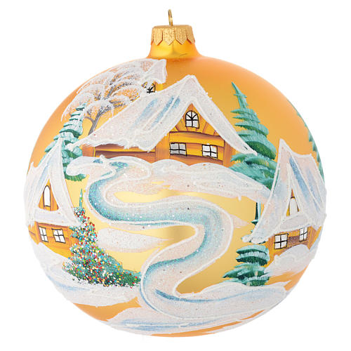 Christmas bauble in golden blown glass with houses 150mm 1