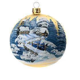 Christmas bauble in golden blown glass with decoupage landscape 100mm