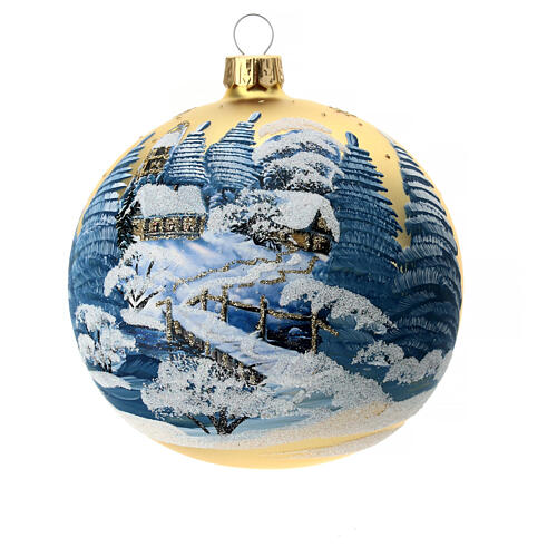 Christmas bauble in golden blown glass with decoupage landscape 100mm 1