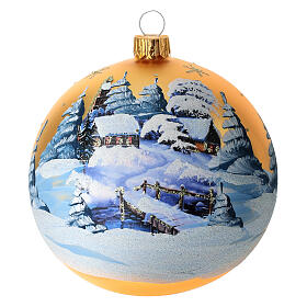 Christmas bauble in golden blown glass with decoupage landscape 100mm