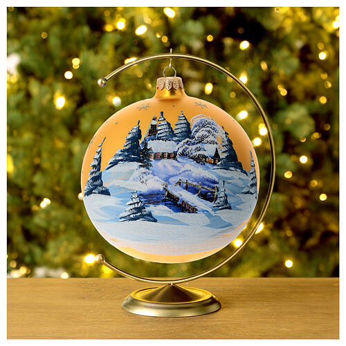 Christmas bauble in golden blown glass with decoupage landscape 150mm 2