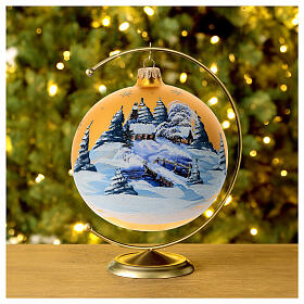 Christmas bauble in golden blown glass with decoupage landscape 150mm