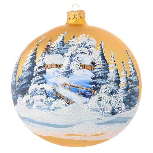 Christmas bauble in golden blown glass with decoupage landscape 150mm 1