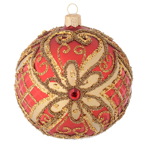 Christmas bauble in red blown glass with decorations in relief 100mm 1