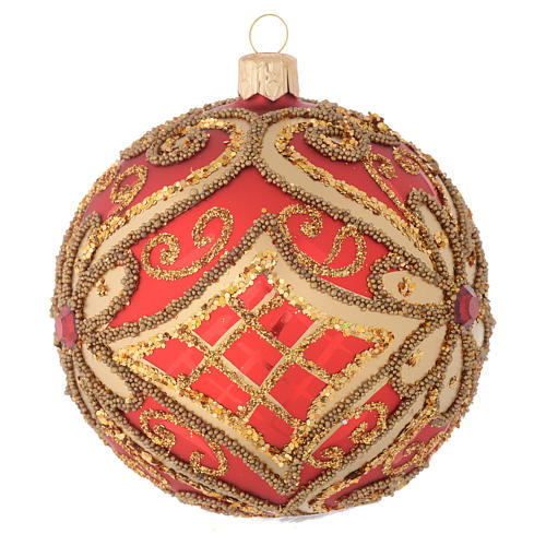 Christmas bauble in red blown glass with decorations in relief 100mm 2