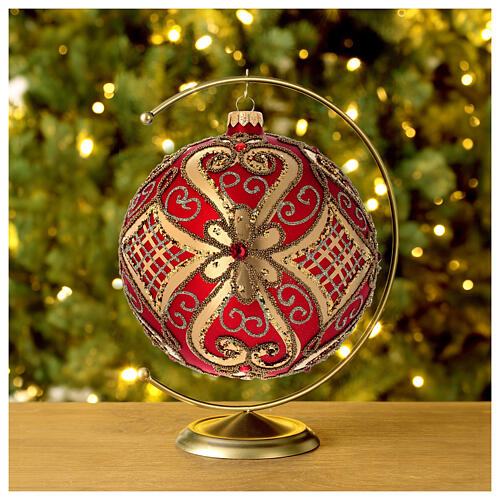 Christmas bauble in red blown glass with decorations in relief 150mm 2