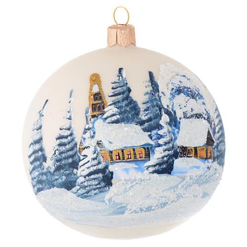 Christmas bauble in ivory blown glass with landscape 100mm 1