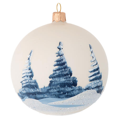 Christmas bauble in ivory blown glass with landscape 100mm 2
