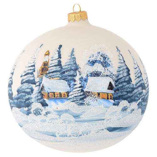 Christmas bauble in ivory blown glass with landscape 150mm 1