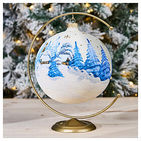 Christmas bauble in ivory blown glass with landscape 150mm