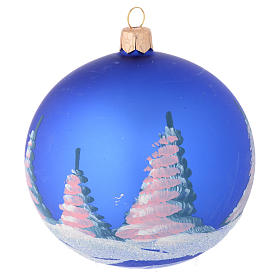 Christmas bauble in blue blown glass with decoupage landscape 100mm