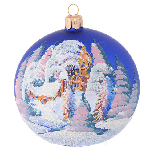 Christmas bauble in blue blown glass with decoupage landscape 100mm 1