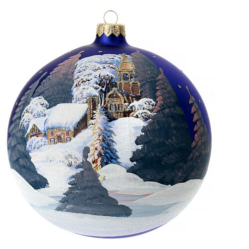 Christmas bauble in blue blown glass with decoupage landscape 150mm 6