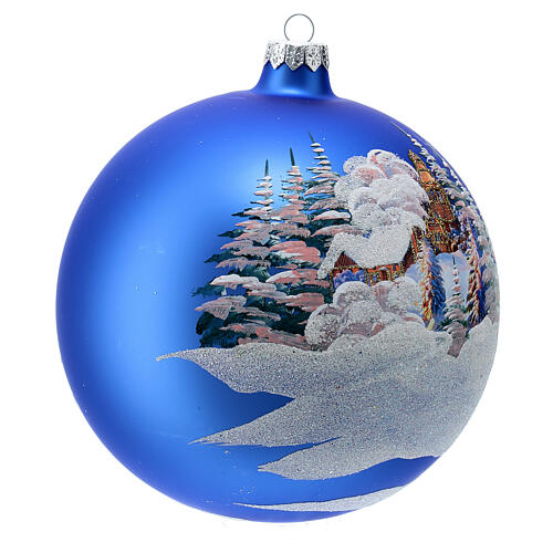 Christmas bauble in blue blown glass with decoupage landscape 150mm 4