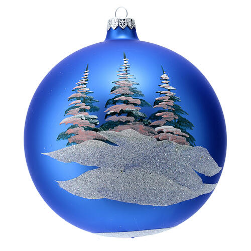 Christmas bauble in blue blown glass with decoupage landscape 150mm 5