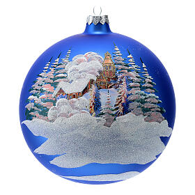 Christmas bauble in blue blown glass with decoupage landscape 150mm
