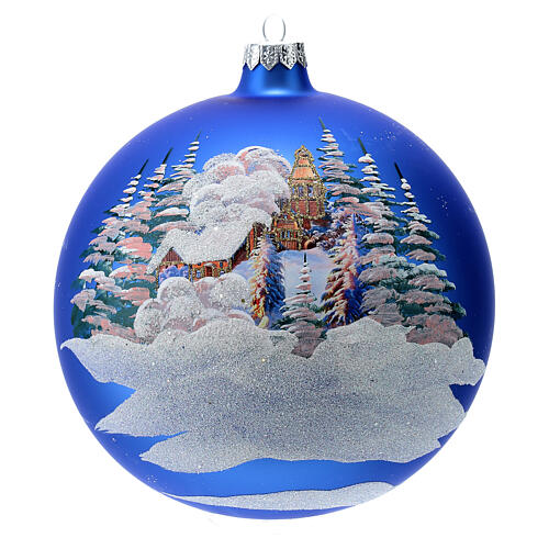 Christmas bauble in blue blown glass with decoupage landscape 150mm 1
